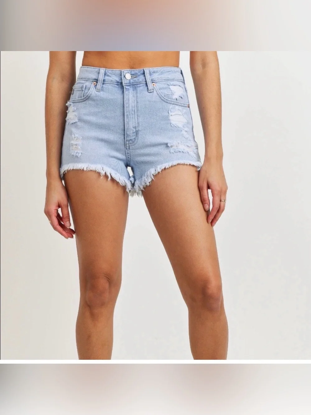 Just USA High Rise Distressed Hi-Lo Denim Shorts Light Blue - Picture 1 of 9
